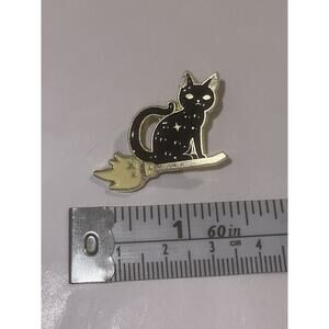 Mystical Black Cat On Flying Broom Pin Brooch